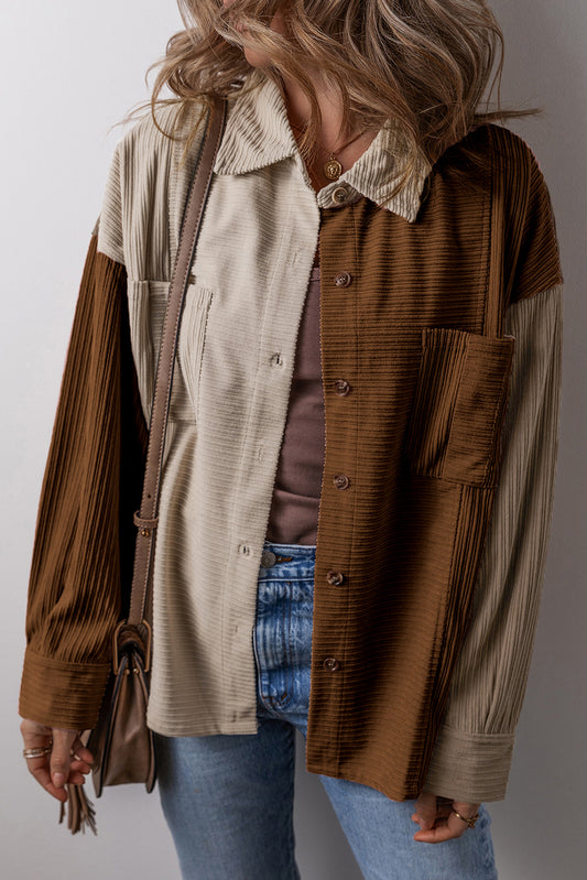Bruine kleurblokkastjes borstzakken knopen corduroy shacket
