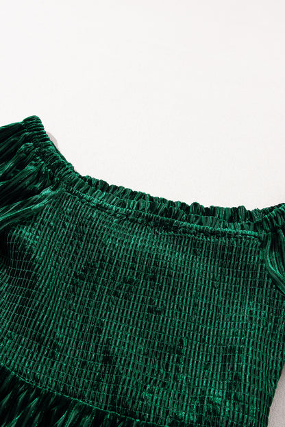 Zwartachtig groene gesmokte geribbelde fluwelen babydoll-top