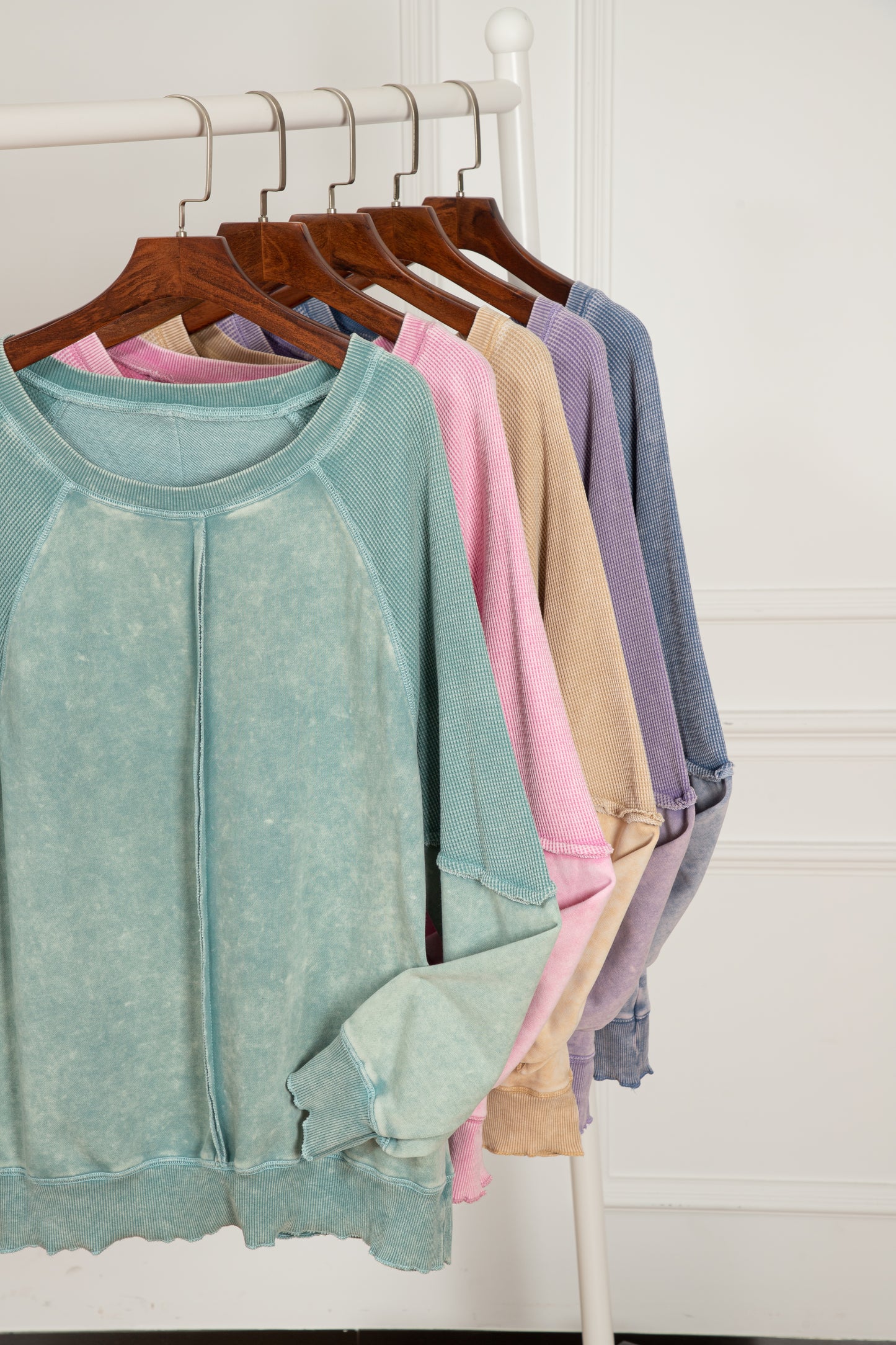 Zeil blauw massief wafel gebreide patchwork raglan mouw sweatshirt