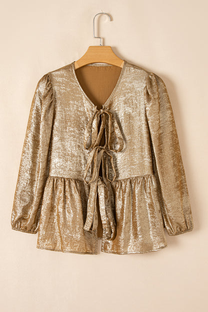 Gouden vlinderdas voorste bladerdeeg 3/4 mouw ruche zoom blouse