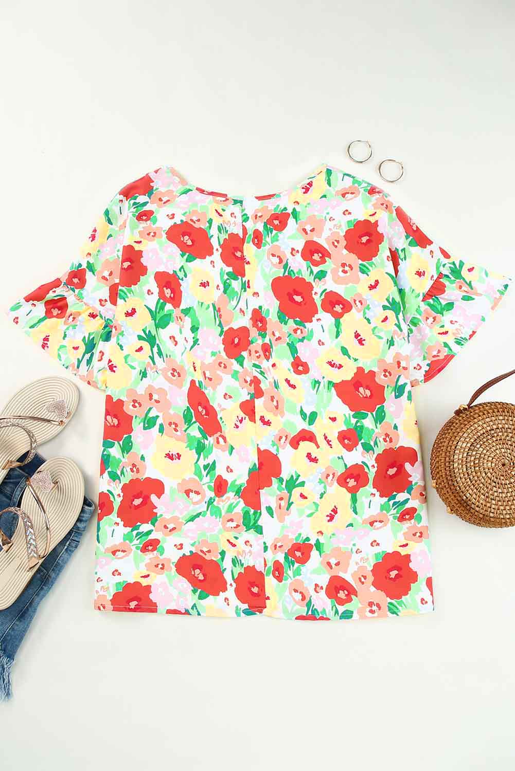 Vurige rode bloemenprint gegolfde blouse met korte mouwen en V-hals