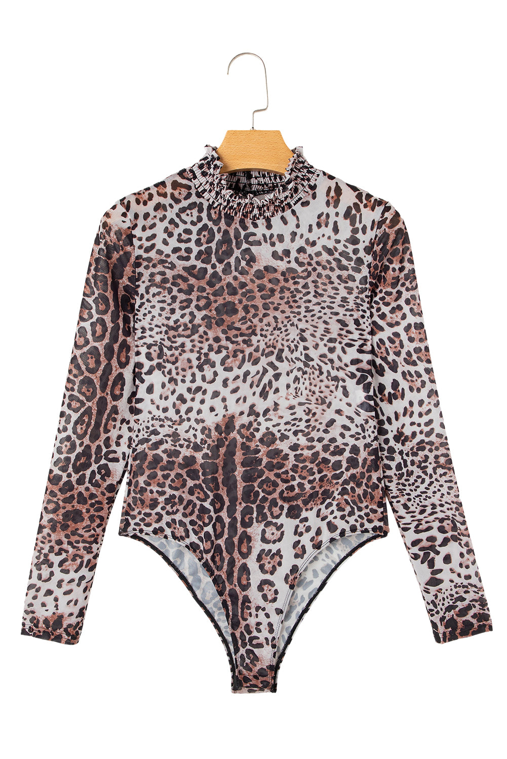 Bruine luipaard gesmokte nek mesh bodysuit met lange mouwen