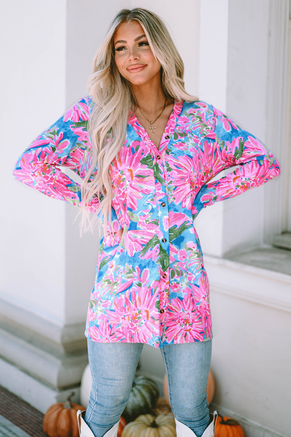 Roze bloemenprint vest met lange mouwen en knopen