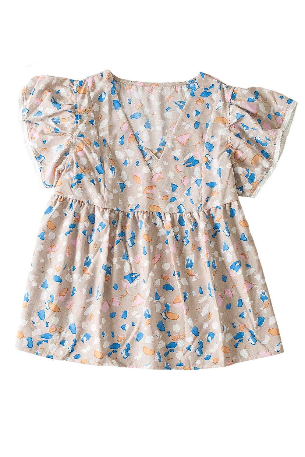 Kaki gekruiste blouse met V-hals, ruches en mouwen en print