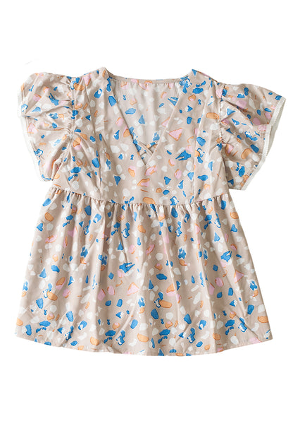 Kaki gekruiste blouse met V-hals, ruches en mouwen en print