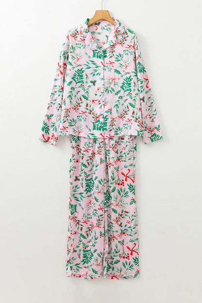 Roze kerstbessen plantenprint satijn pyjama met lange mouwen pyjama set