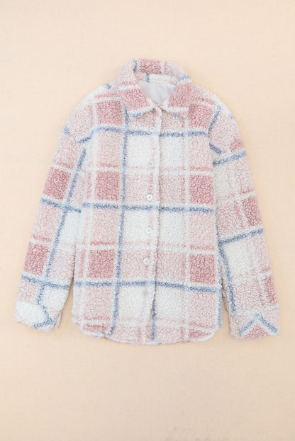 Multicolor Checker Print Turn Down Collar Sherpa Shacket