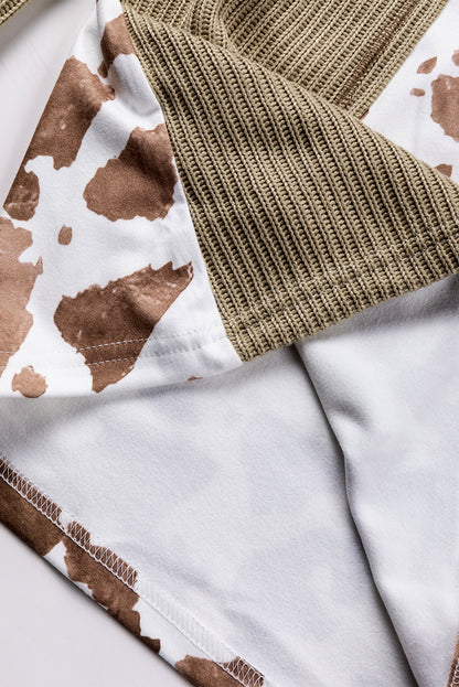 Lichtkaki Henley-blouse met dierenprint en getextureerde patch en lantaarnmouwen