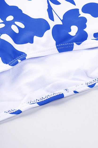 Blauwe tankiniset met vierkante hals en mouwloze modeprint