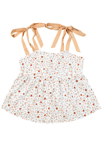Witte babydoll-tanktop met gebonden schouder en bloemenprint