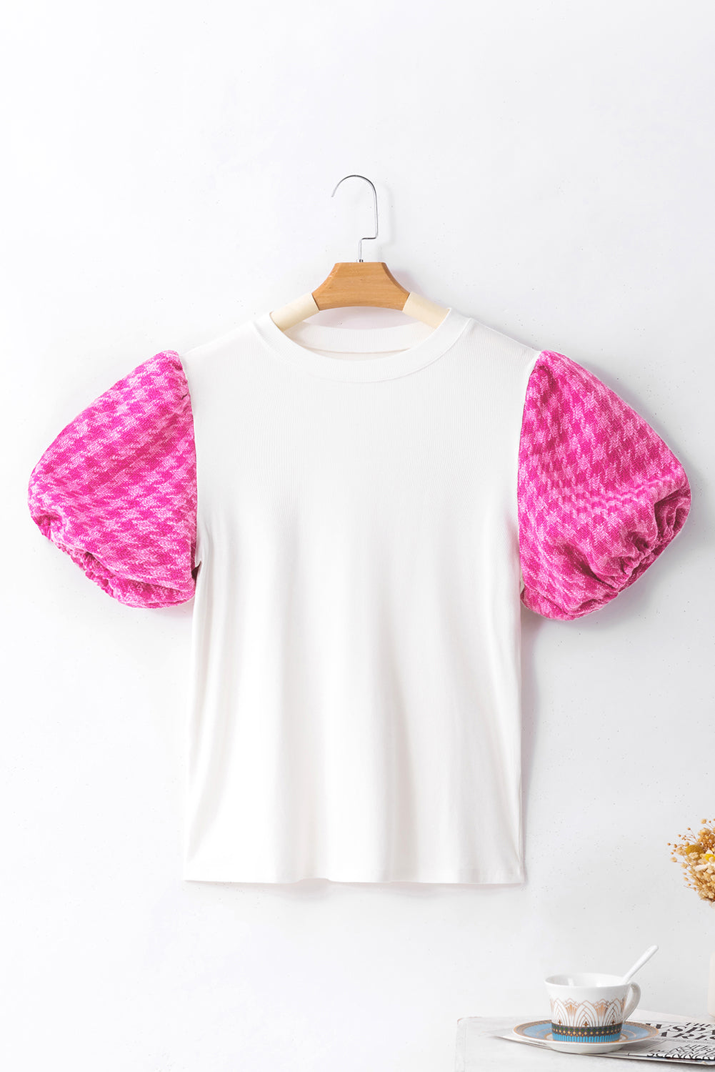 Witte contrasterende tweed top met pofmouwen