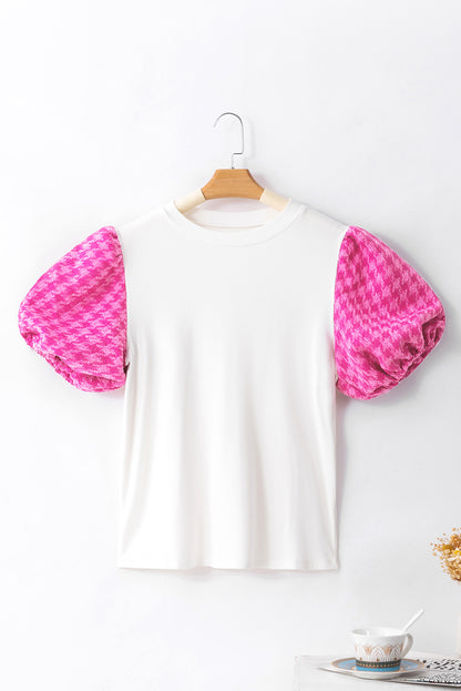 Witte contrasterende tweed top met pofmouwen