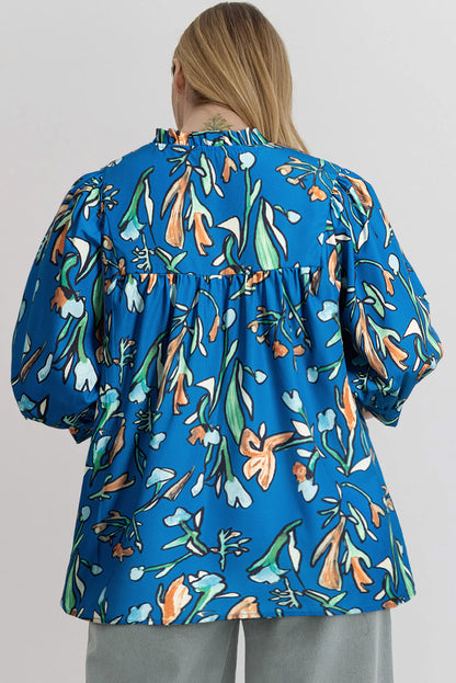Blauwe bloemen ingekeed v nek halve mouw plus size blouse