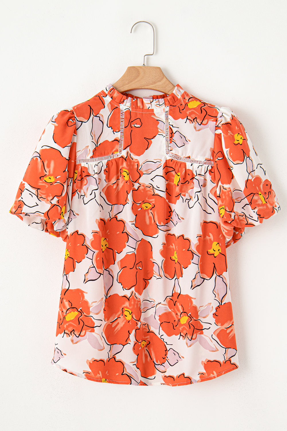 Oranje bloemen losse blouse met bubbelmouwen en ruches aan de hals