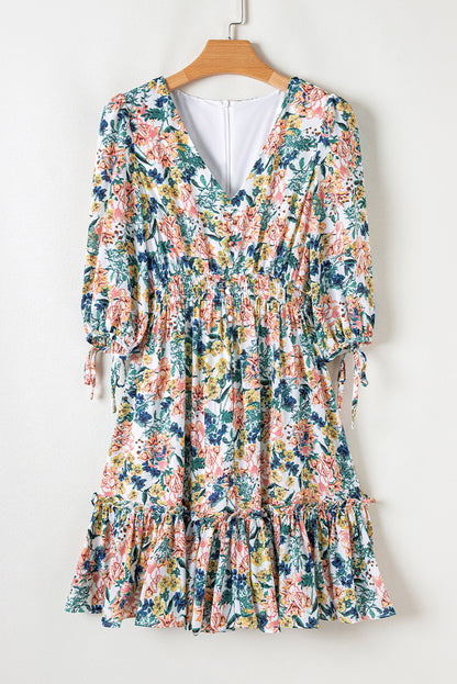 Sky Blue Floral 3/4 Sleeve V Neck High Taille Ruffled Dress