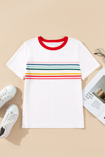Witte regenboogstreep print contrast crewneck t -shirt