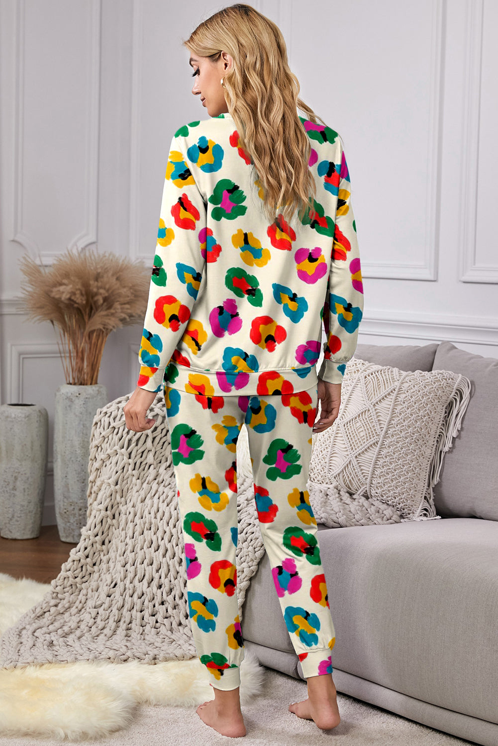 Abrikoos luipaardprint lange mouwtop en magere broek lounge set