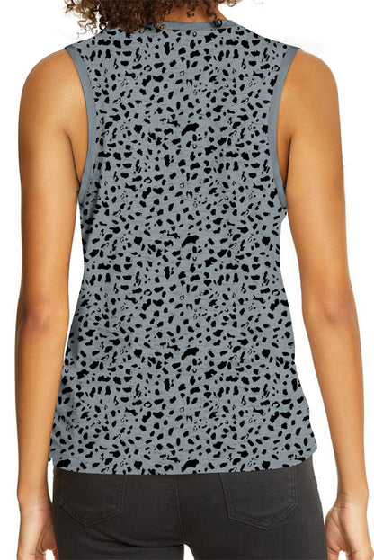 Grijze tanktop met ronde hals en luipaardprint
