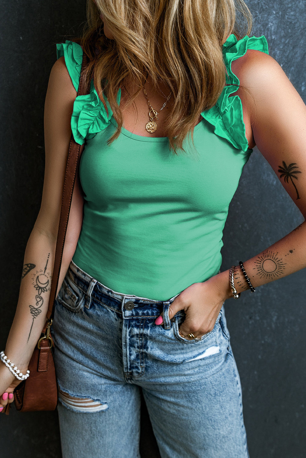 Mintgroene slanke tanktop met ruches en brede bandjes