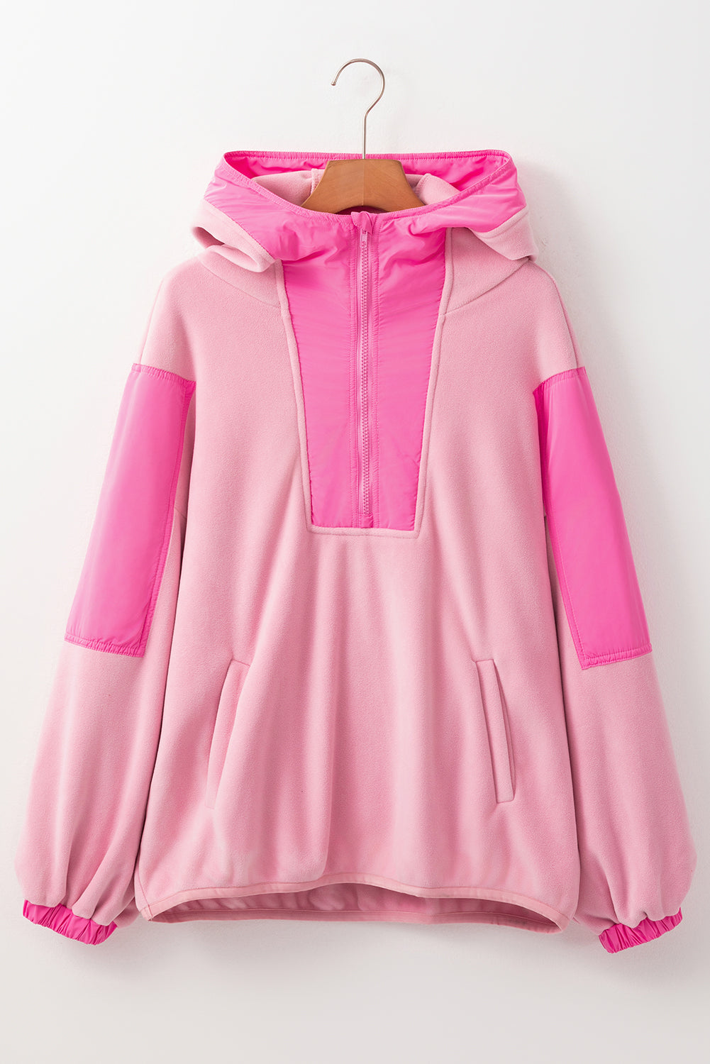 Roze kleurblokpatchwork Half Zip oversized sherpa hoodie