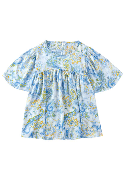 Hemelsblauwe losse blouse met paisleyprint en wijde mouwen