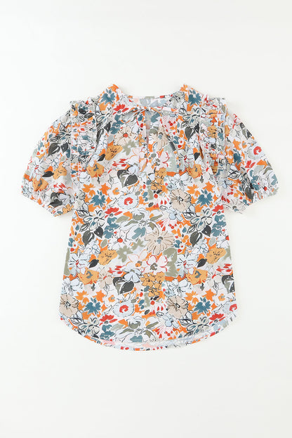 Veelkleurige blouse met split en V-hals, pofmouwen en bloemenprint