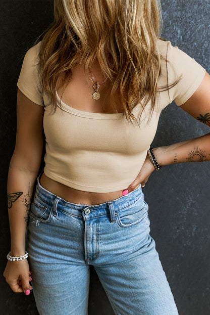 Beige geribde gebreide crop top met U-hals
