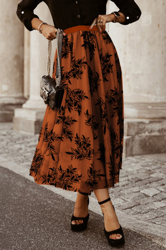 Gouden vlam bloemenbladeren geborduurd hoge taille maxi rok