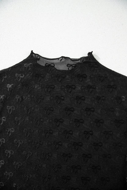 Black Bowknot Sheer Mesh Mock Neck Settuce Trim Short Sleeve Top
