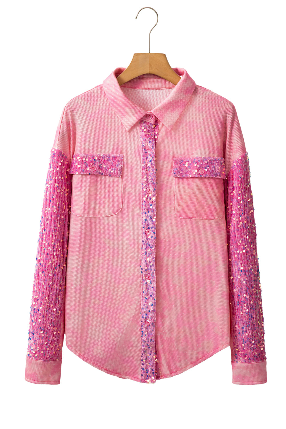 Abrikoosroze minerale wassing met pailletten en patchwork met klepzak