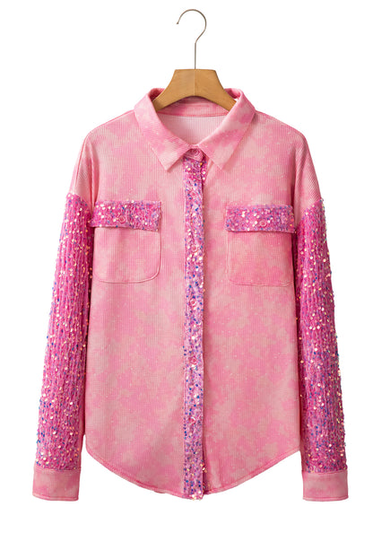 Abrikoosroze minerale wassing met pailletten en patchwork met klepzak