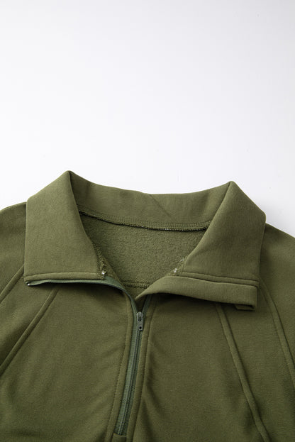 Smoke Green Fleece Lined Zip Up Stand Collar Thumbhole Sleeve Sweatshirt