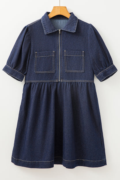 Vuil blauw ritssluiting met collared collared short puff mouw denimjurk
