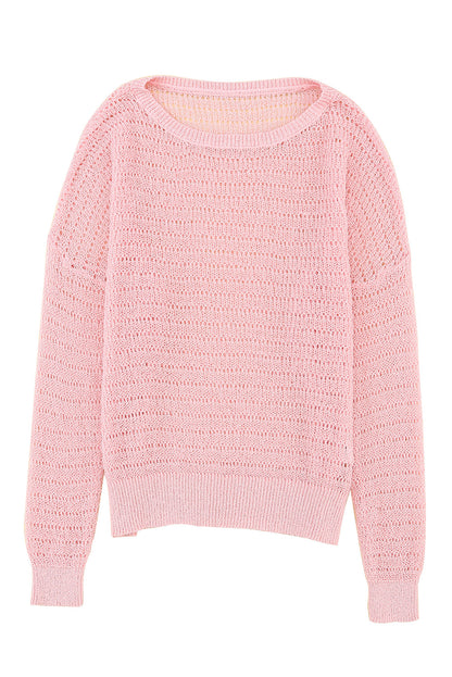 Roze gebreide top met ronde hals en lange mouwen