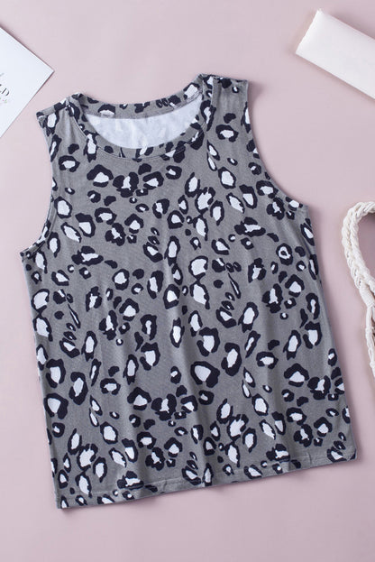 Grijze tanktop met ronde hals en luipaardprint