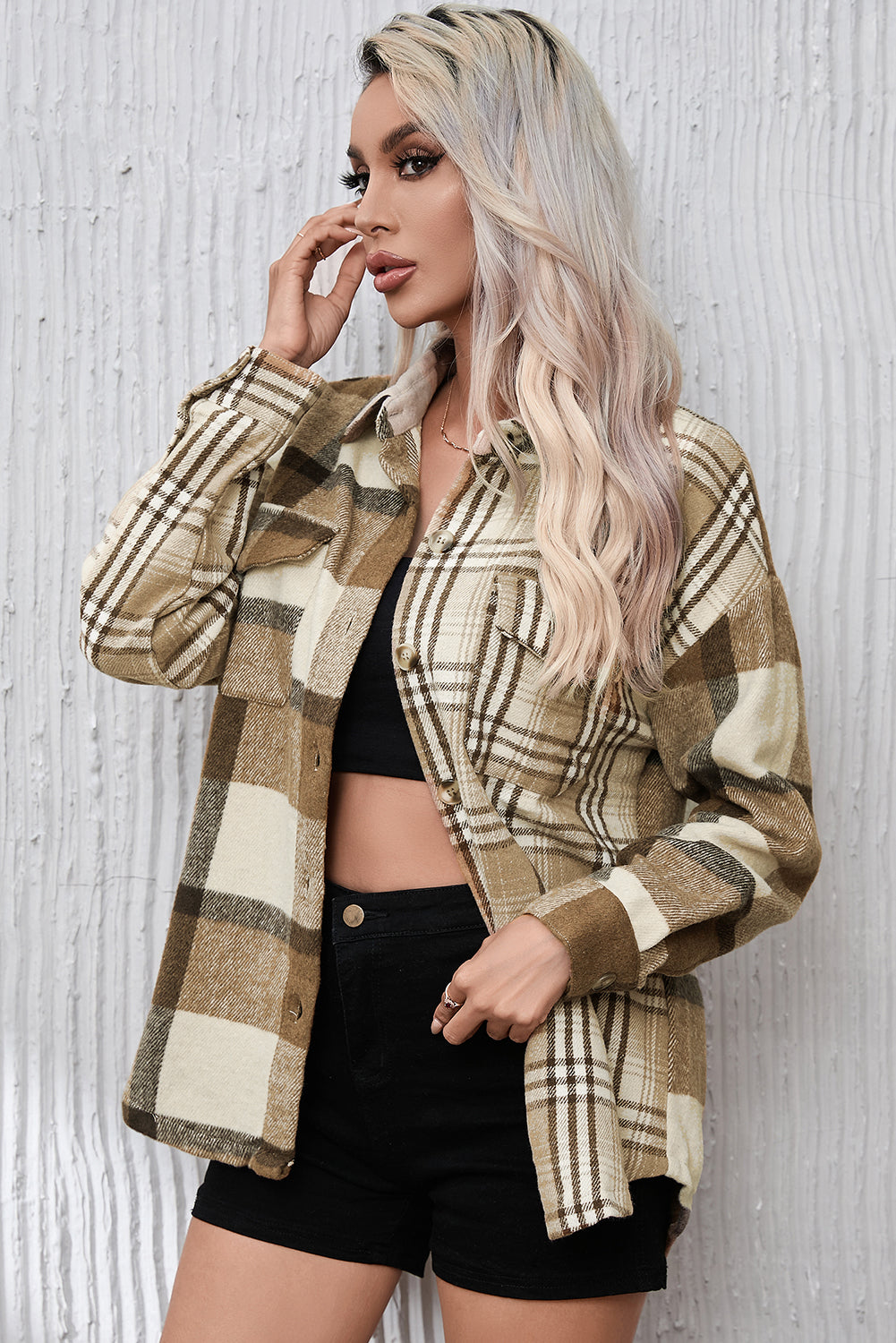 Perkament contrasterende geruite patchwork klepzak-shacket