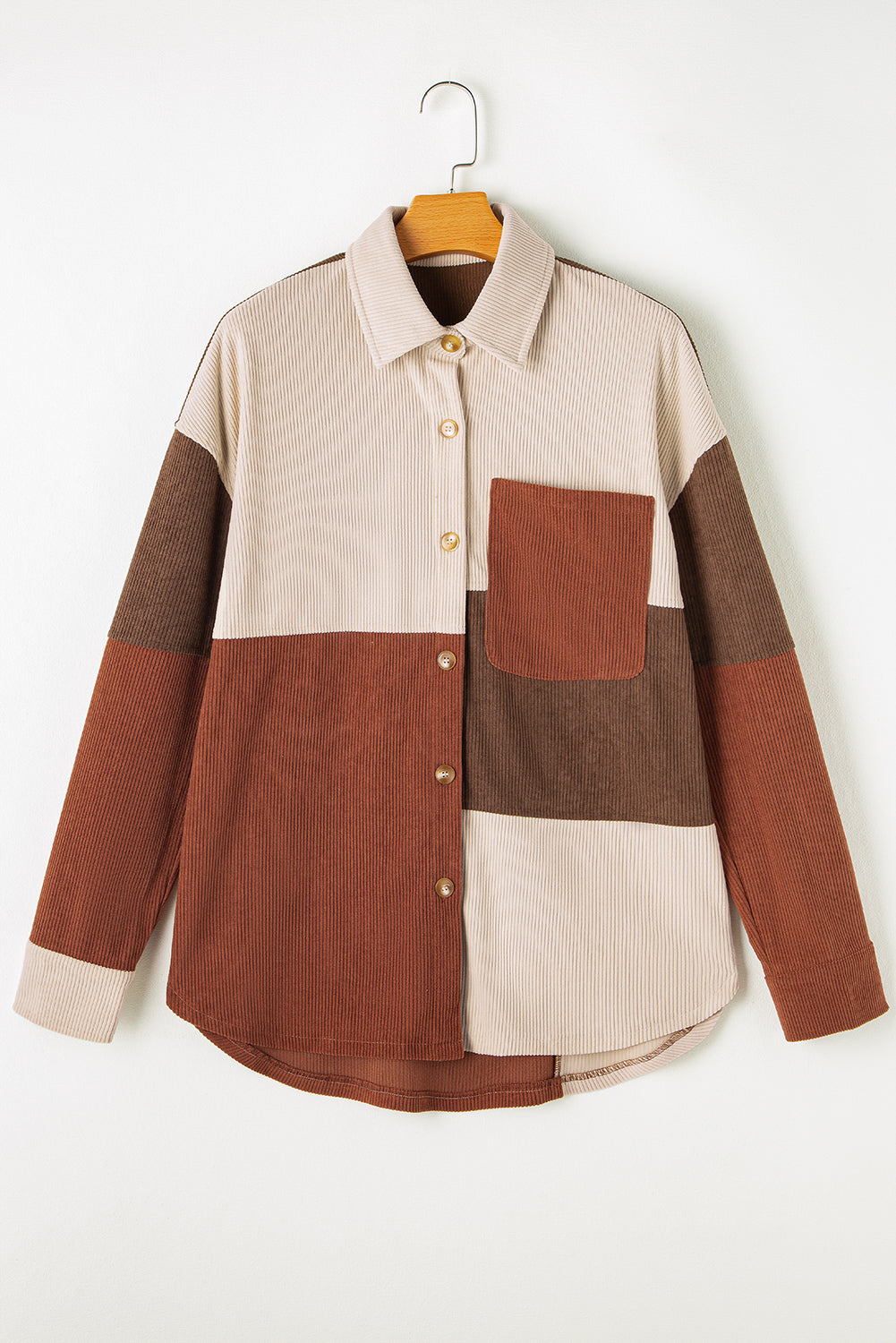 Kaneel Colorblock Corduroy shacket met gebogen zoom en zak