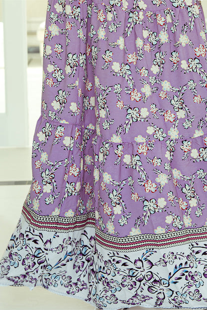 Paarse bloemenprint gesmokte maxi-rok met hoge taille