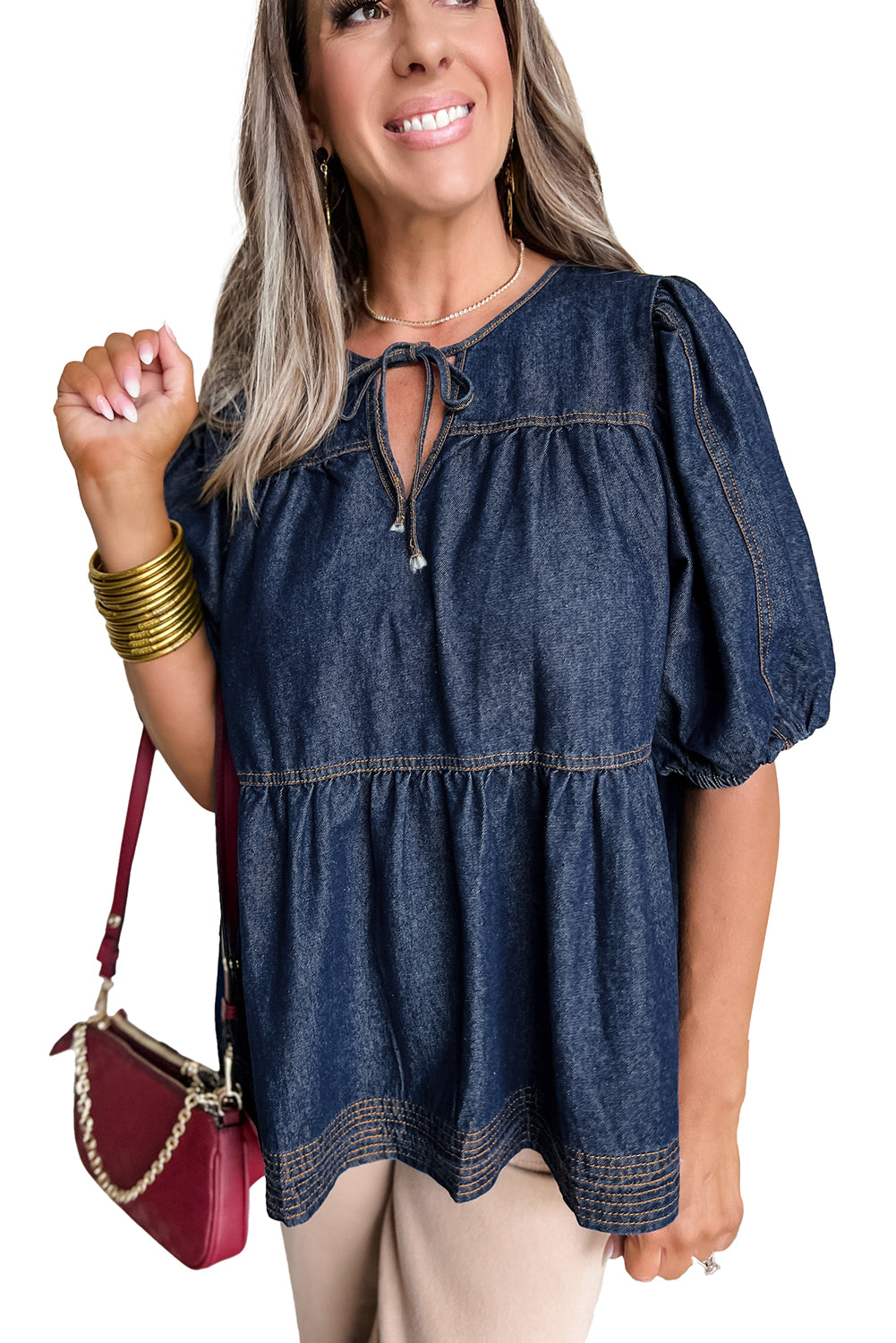 Zeil blauwe puff mouw veter halslijn splicing denim blouse