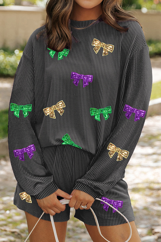 Koolstofgrijs bowknot gepatcht patroon met een lange mouw met lange mouwen en shorts outfit