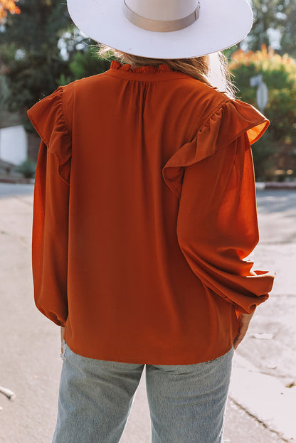 Oranje geplooide geplooide blouse met V-hals en knopen