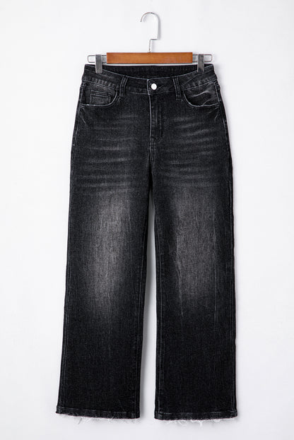 Koolstofgrijs mineraal wassen rauwe zoom hoge taille wijd uitlopende jeans