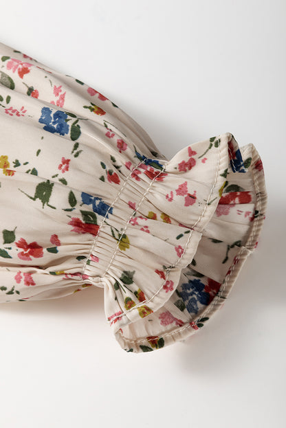 Beige boho bloemenprint gesmokte taille v nek blouse