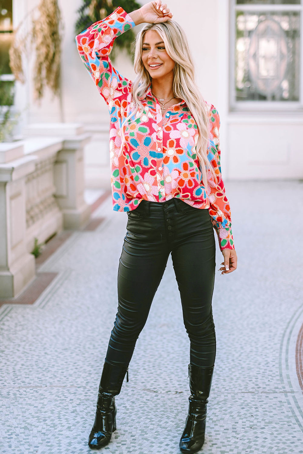 Overhemd met veelkleurige bloemenprint en bubbelmouwen