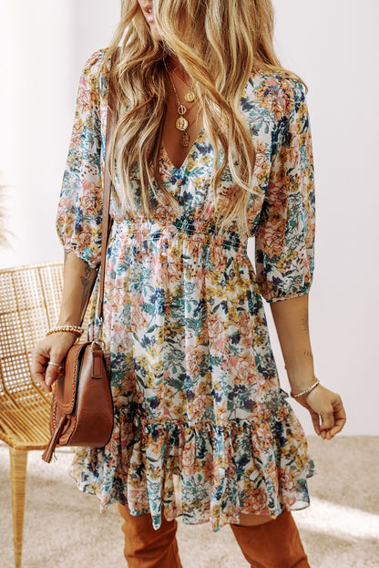 Sky Blue Floral 3/4 Sleeve V Neck High Taille Ruffled Dress