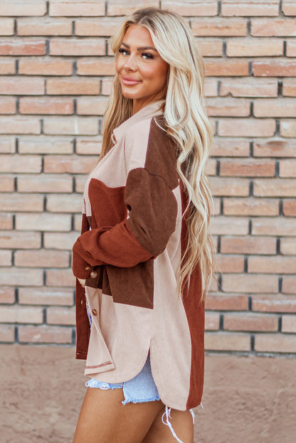 Kaneel Colorblock Corduroy shacket met gebogen zoom en zak