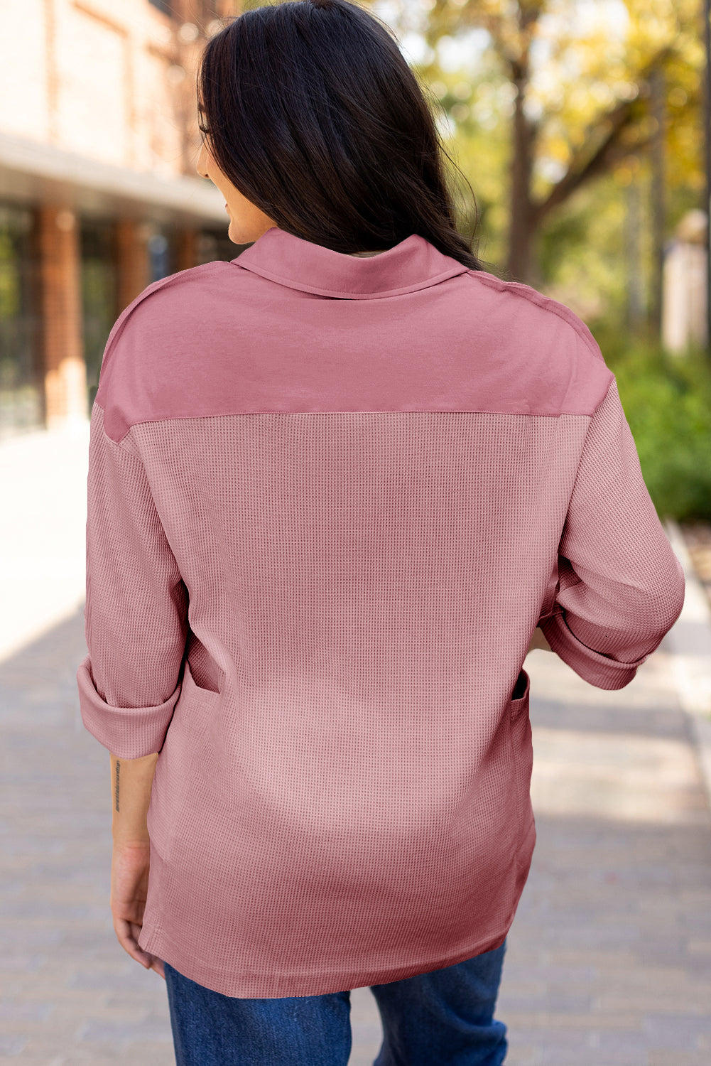 Jet Stream Waffle Long Sleeve Collar Half Button Loose Top