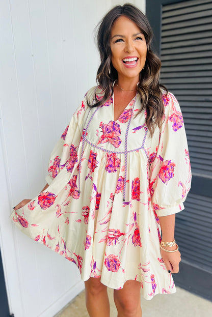 Roze bloemenprint ballon mouw v nek babydoll mini jurk
