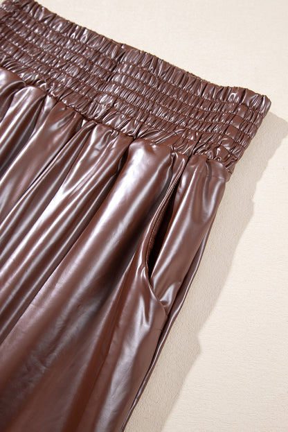 Bruine gesmokte leren skinny broek met hoge taille