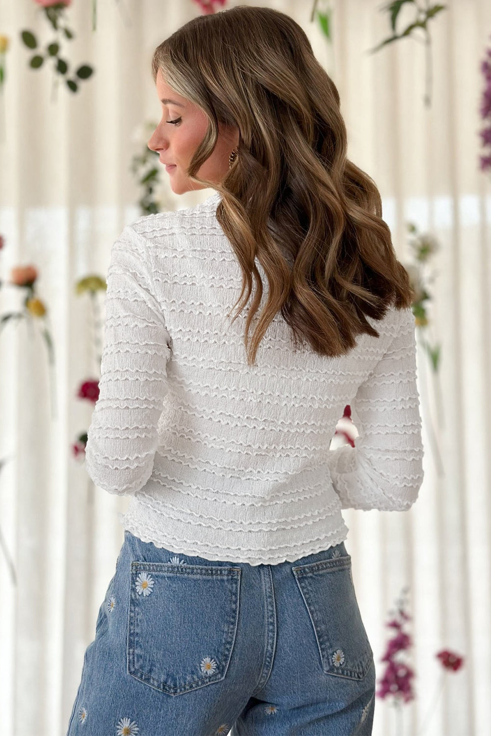 Witte gebreide jacquard slim-fit top